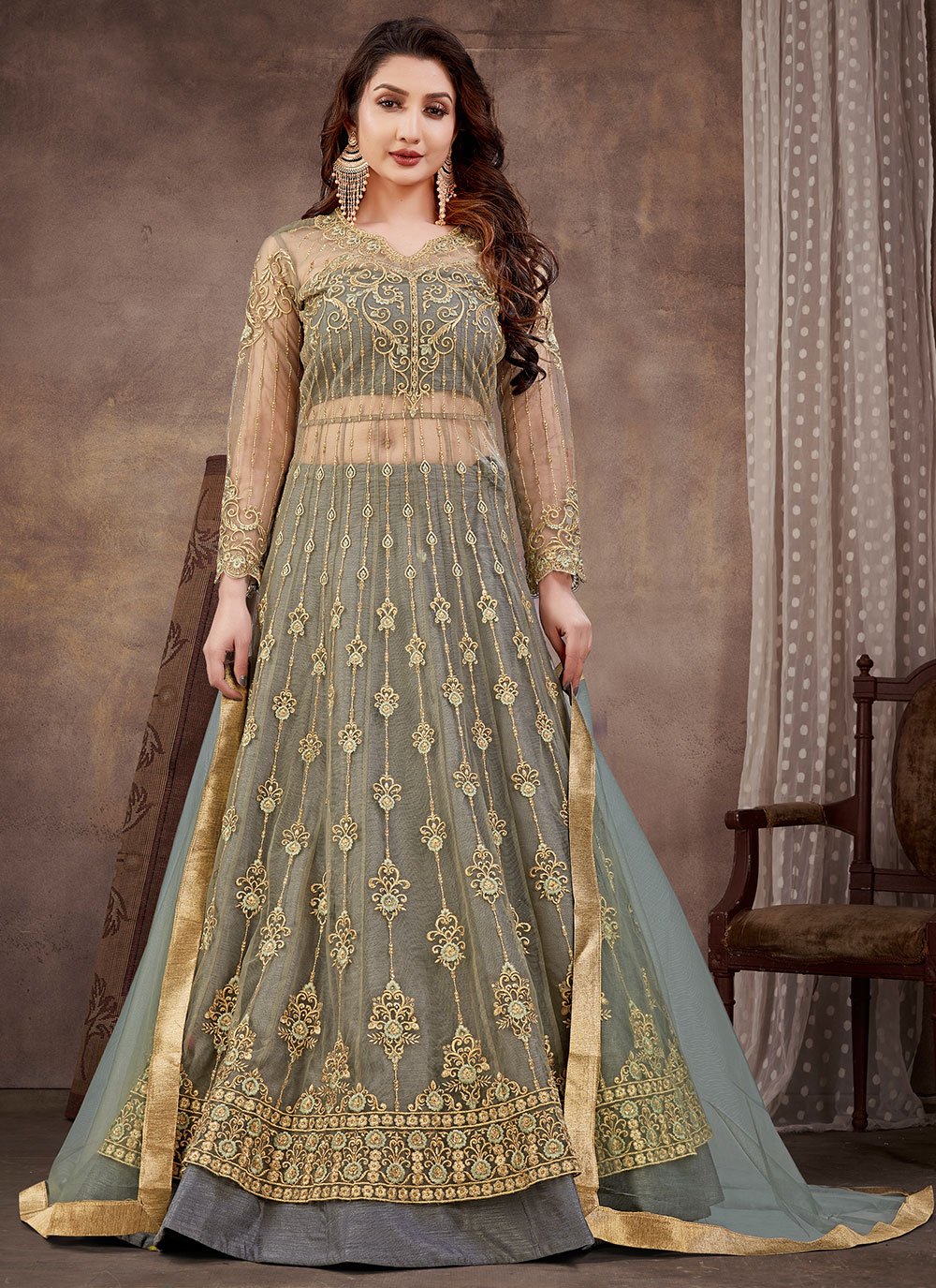 Anarkali Suit Net Grey Embroidered Salwar Kameez