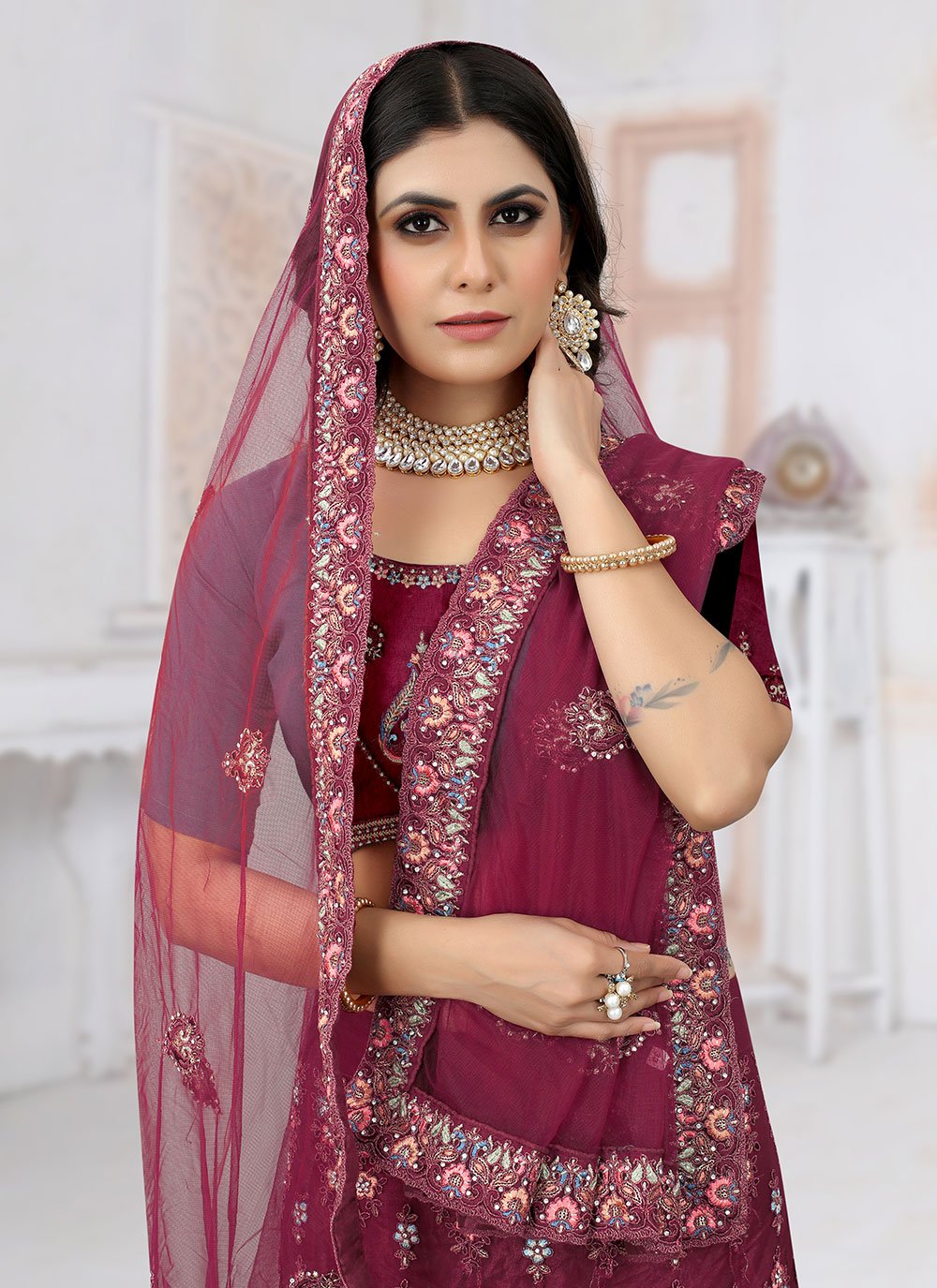 Readymade Lehenga Choli Net Wine Embroidered Lehenga Choli