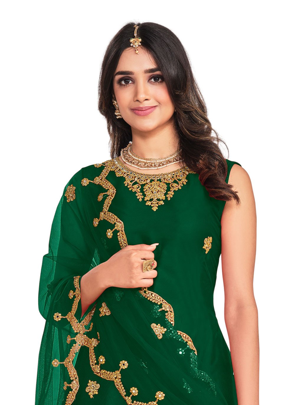 Straight Salwar Suit Net Green Cord Work Salwar Kameez