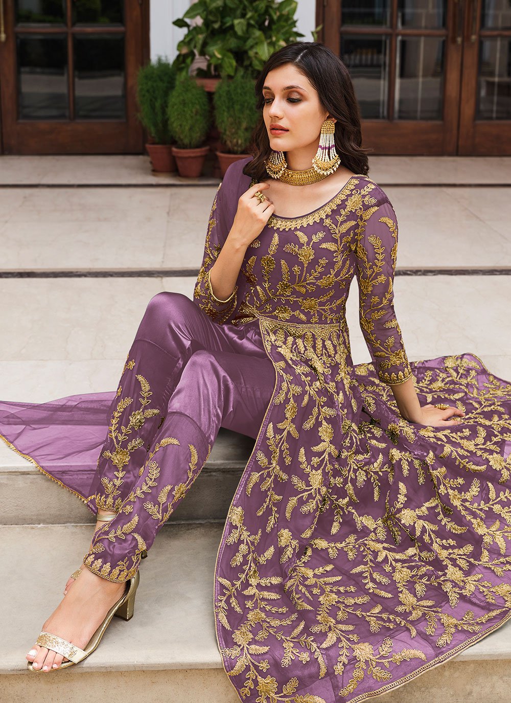 Salwar Suit Net Lavender Cord Work Salwar Kameez