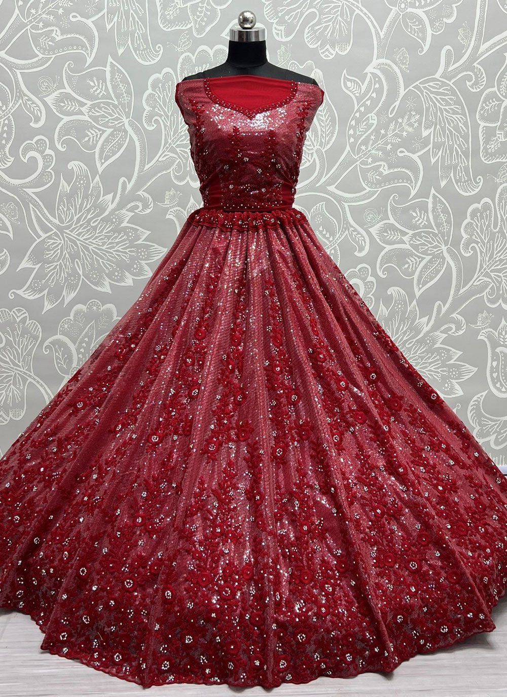 A Line Lehenga Net Red Diamond Lehenga Choli