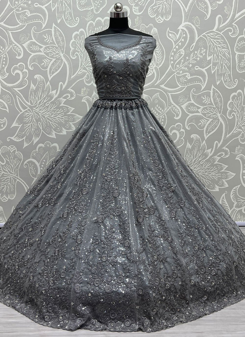 A Line Lehenga Net Grey Diamond Lehenga Choli