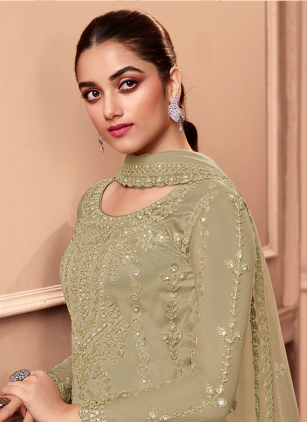 Pakistani Salwar Suit Net Green Embroidered Salwar Kameez