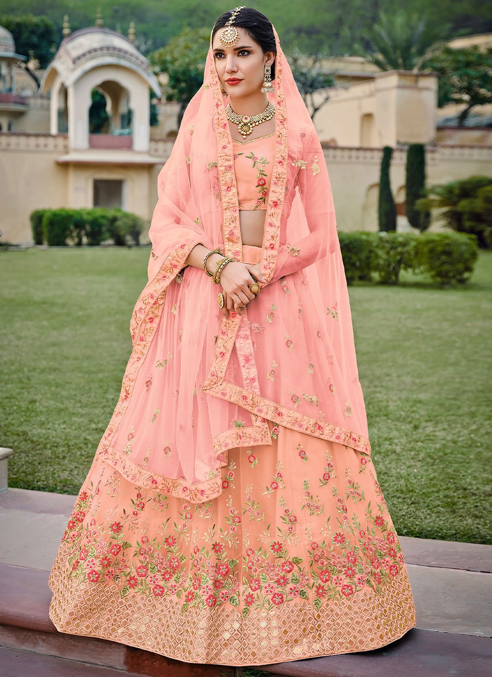 A Line Lehenga Net Satin Silk Peach Diamond Lehenga Choli – Kajols - Indian  & Pakistani Fashion & Tailoring