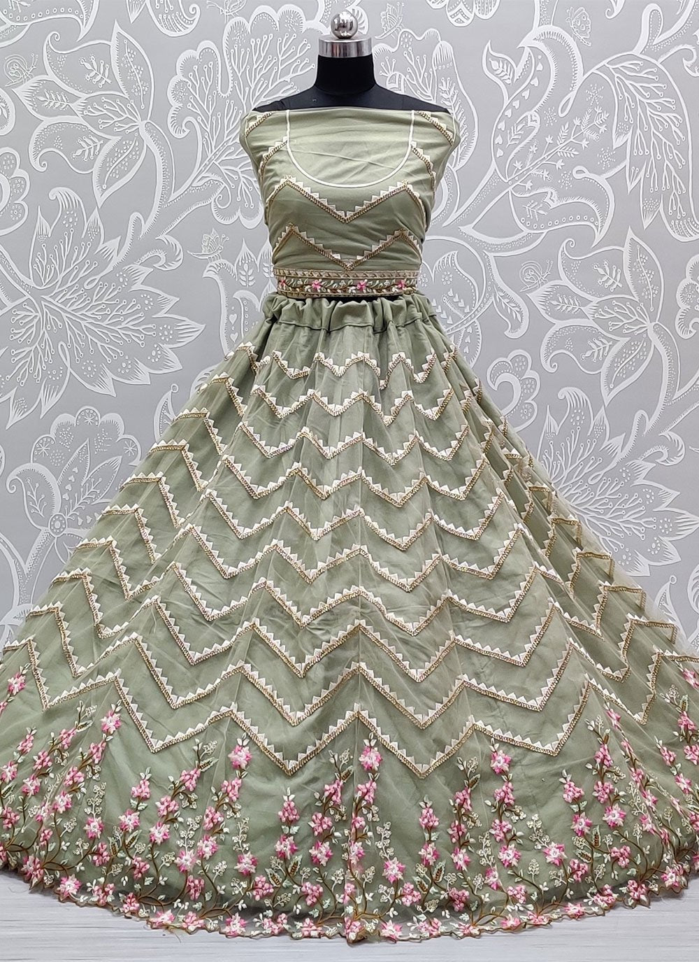 Lehenga Choli Net Green Diamond Lehenga Choli