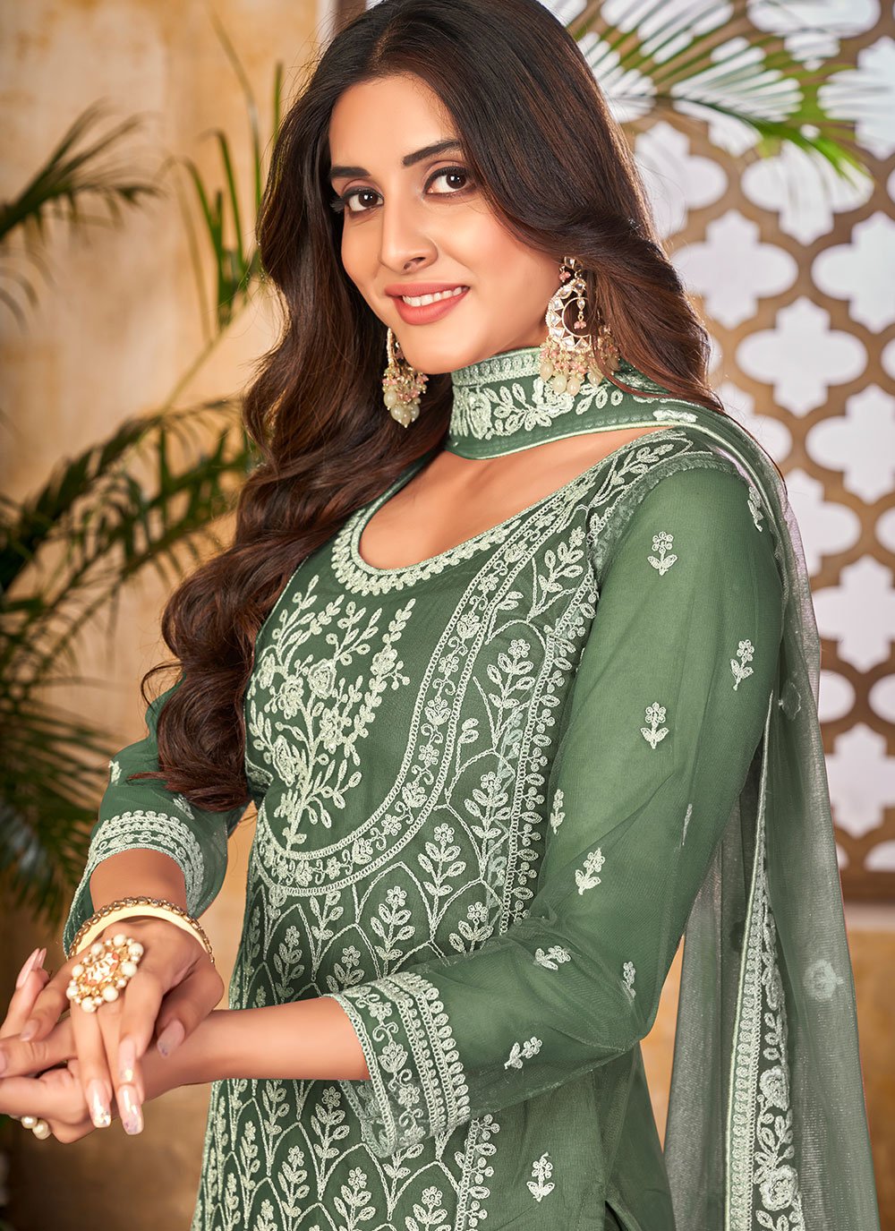 Salwar Suit Net Green Embroidered Salwar Kameez
