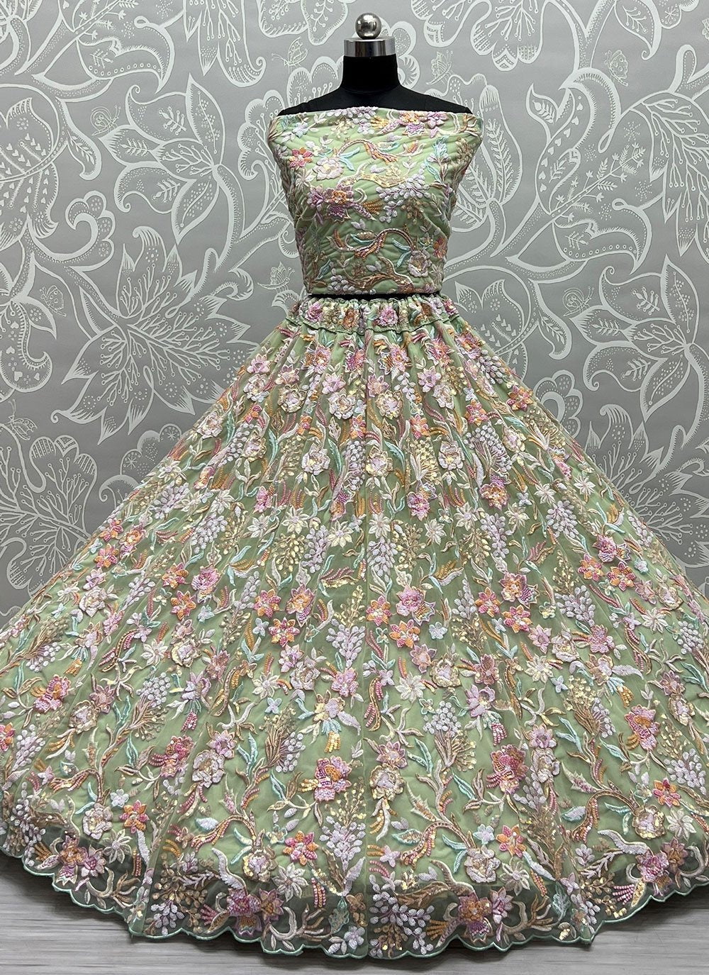 Lehenga Choli Net Green Embroidered Lehenga Choli