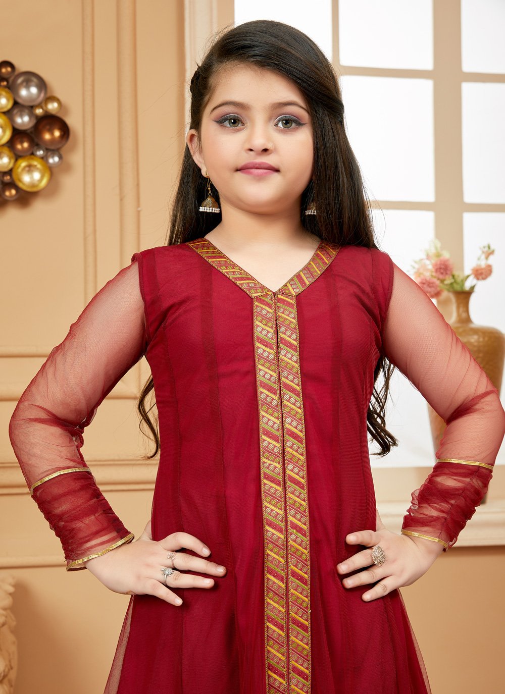 Anarkali Suit Net Maroon Lace Kids