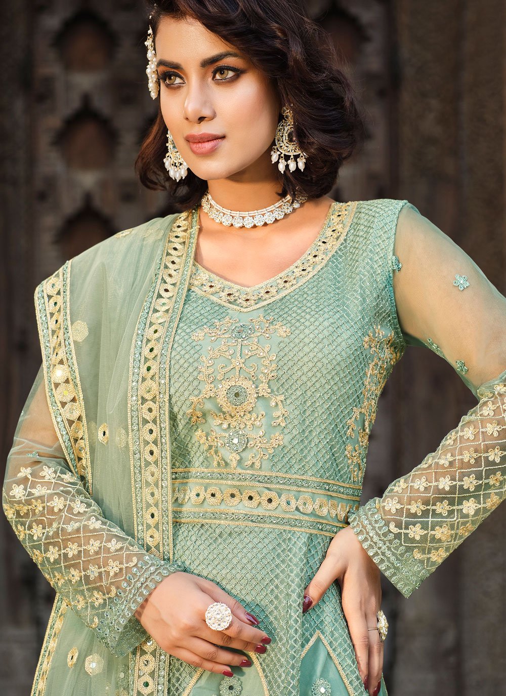 Floor Lenght Salwar Suit Net Aqua Blue Embroidered Salwar Kameez