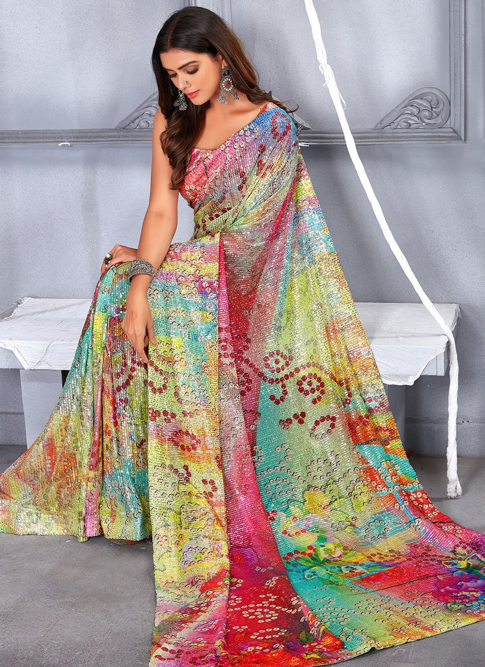 Classic Net Multi Colour Digital Print Saree