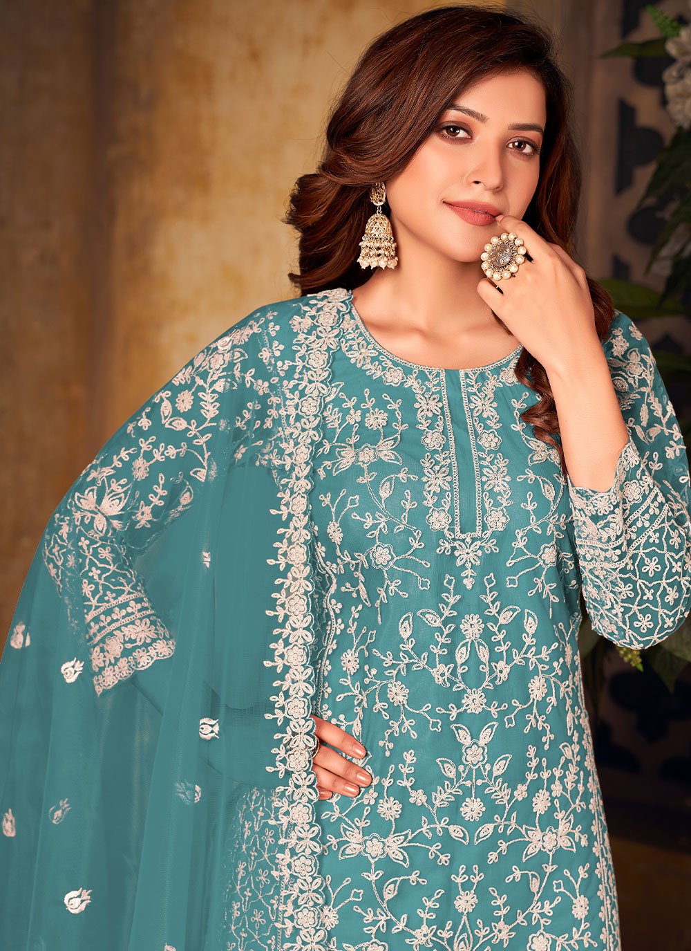 Palazzo Salwar Suit Net Sea Green Cord Work Salwar Kameez