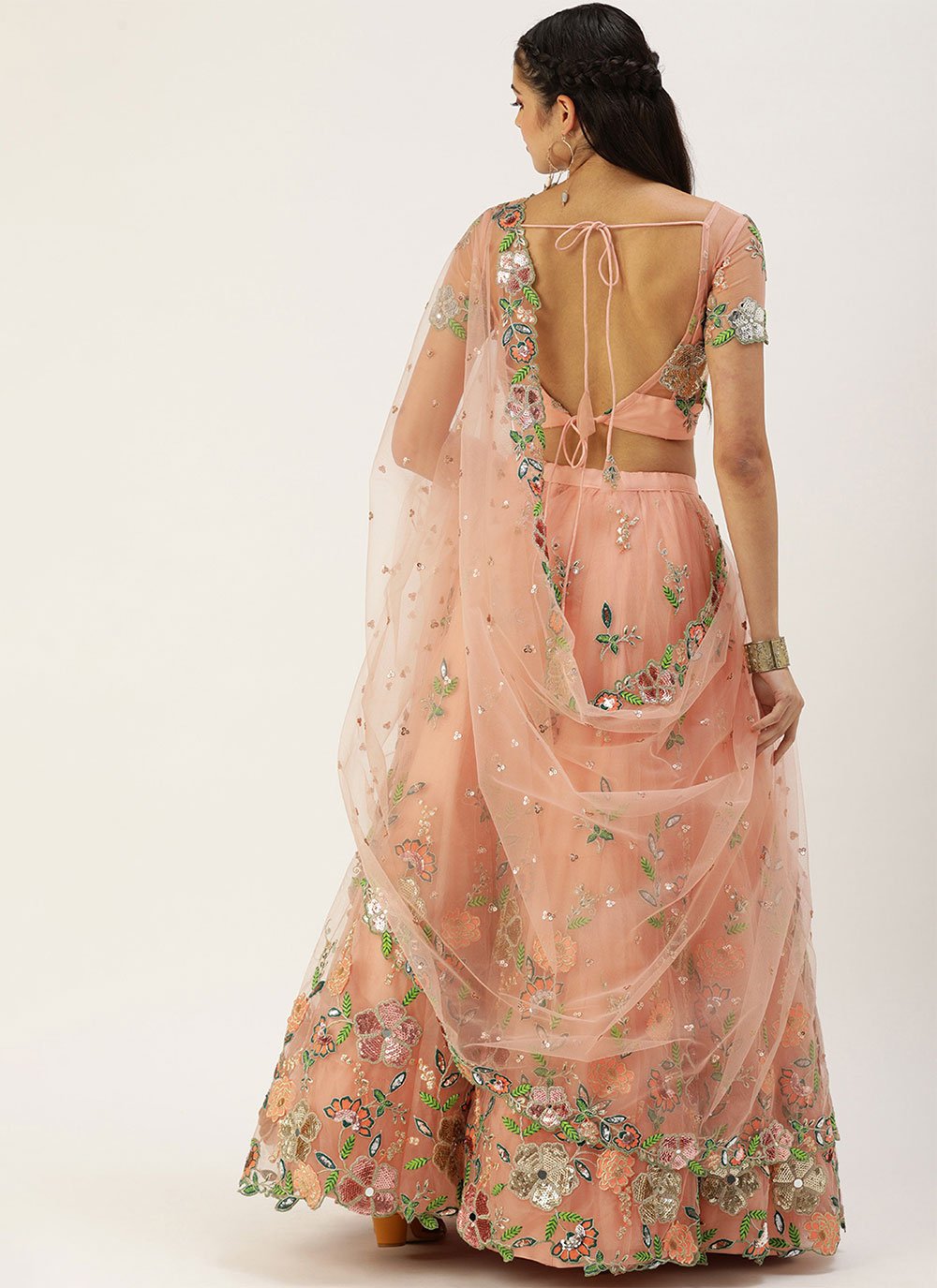 Lehenga Choli Net Peach Embroidered Lehenga Choli