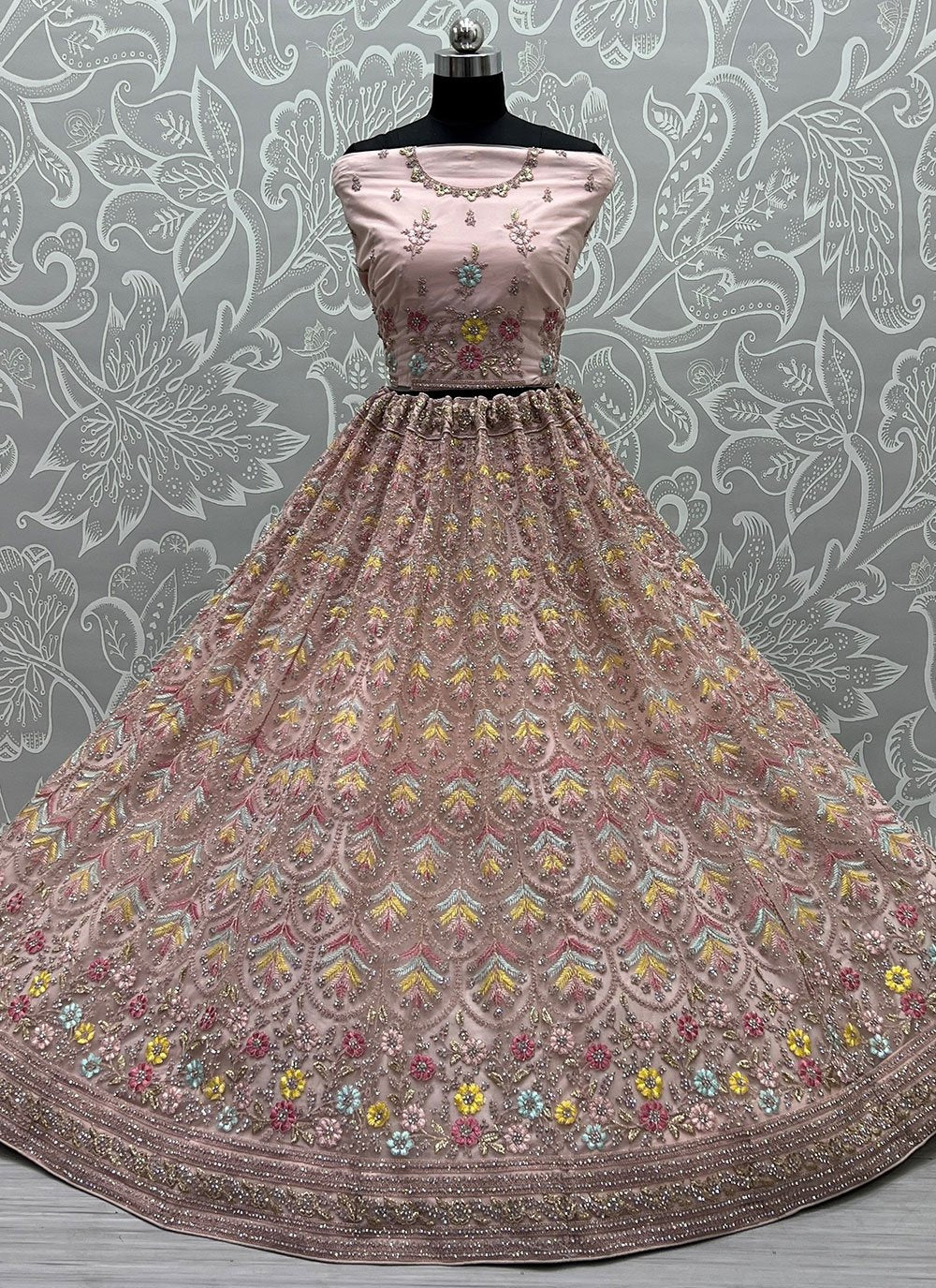 Lehenga Choli Net Peach Diamond Lehenga Choli