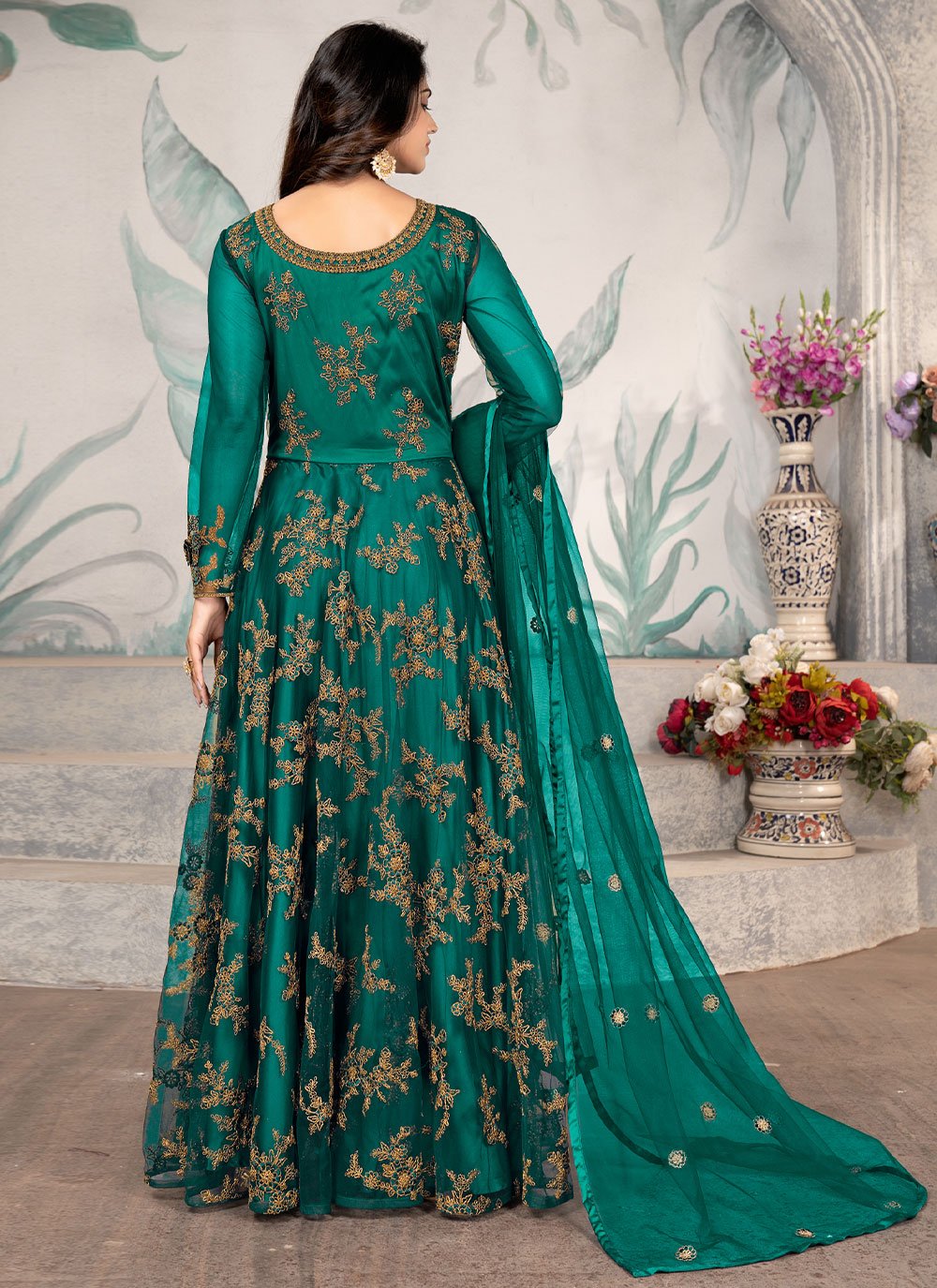 Anarkali Suit Net Rama Embroidered Salwar Kameez