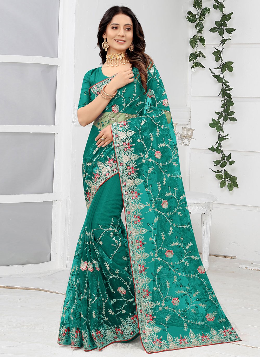 Trendy Saree Net Rama Embroidered Saree