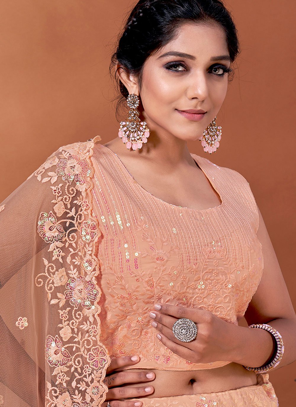 Readymade Lehenga Choli Net Peach Embroidered Lehenga Choli