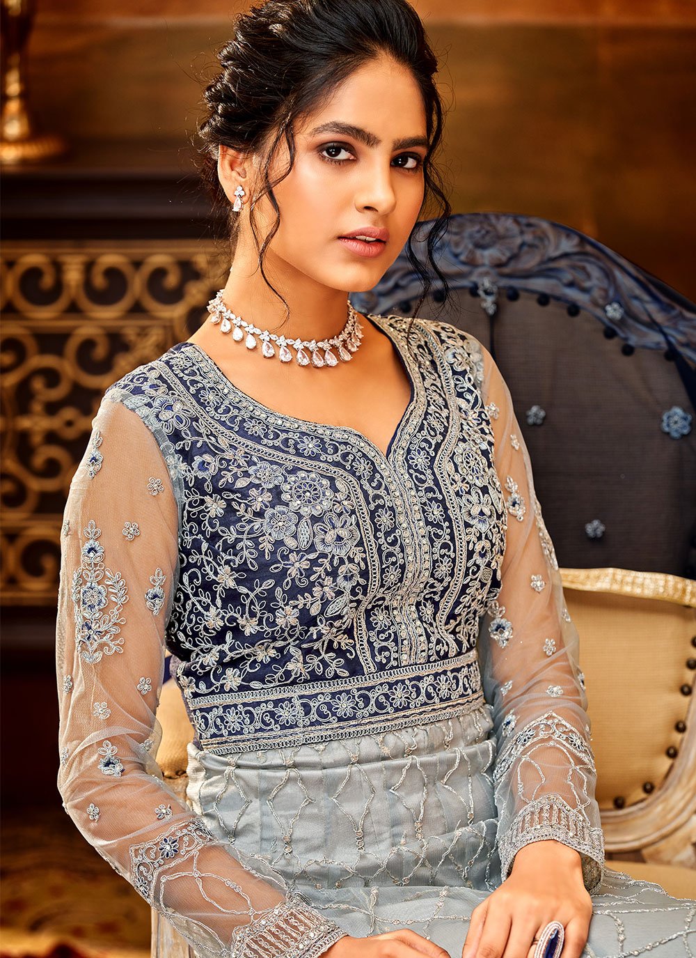 Salwar Suit Net Aqua Blue Embroidered Salwar Kameez