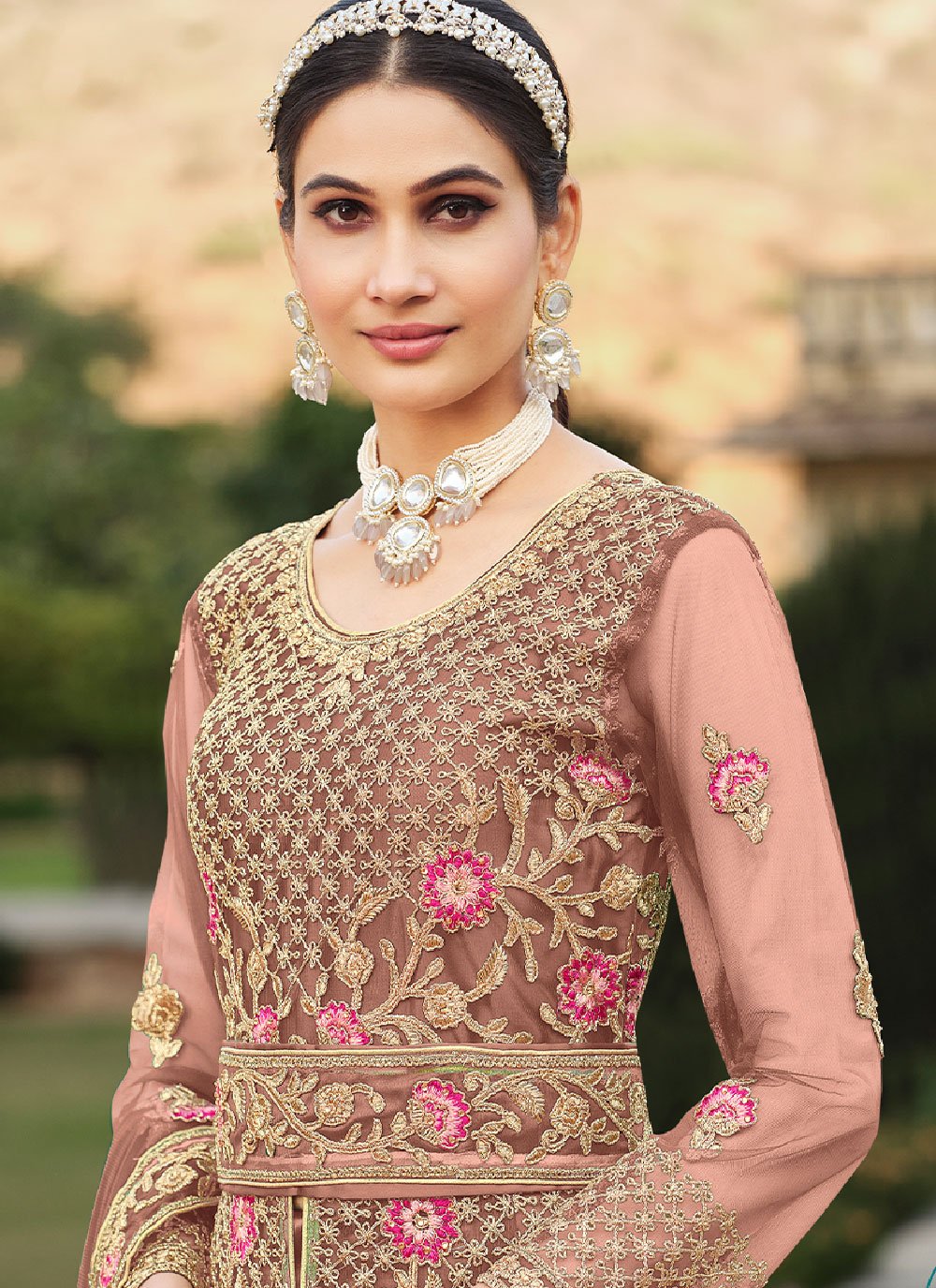 Floor Lenght Salwar Suit Net Pink Cord Work Salwar Kameez