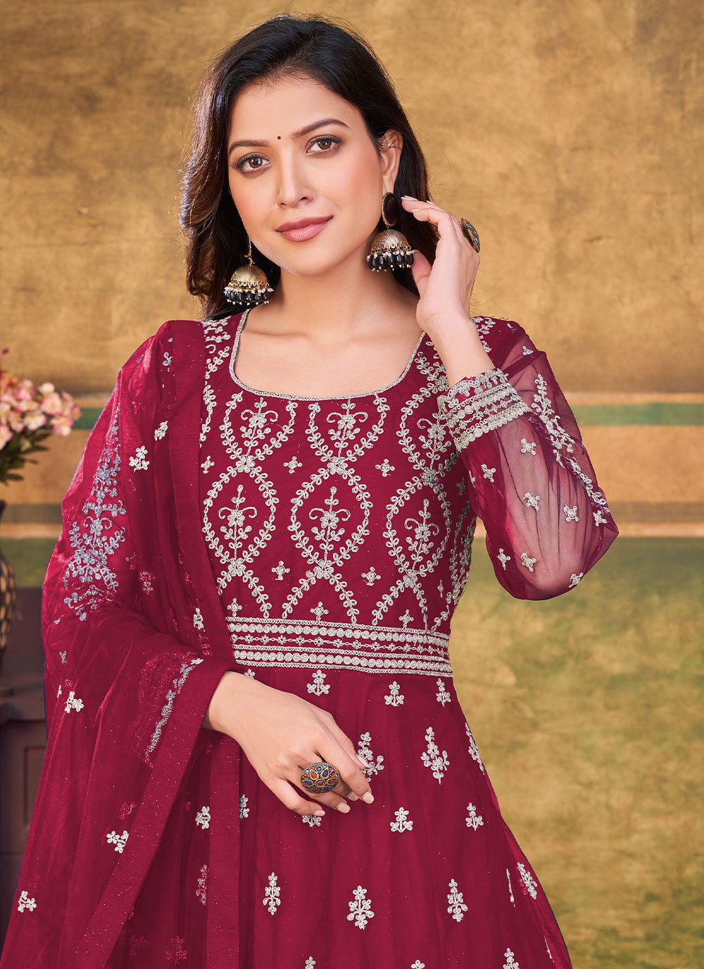 Salwar Suit Net Maroon Embroidered Salwar Kameez