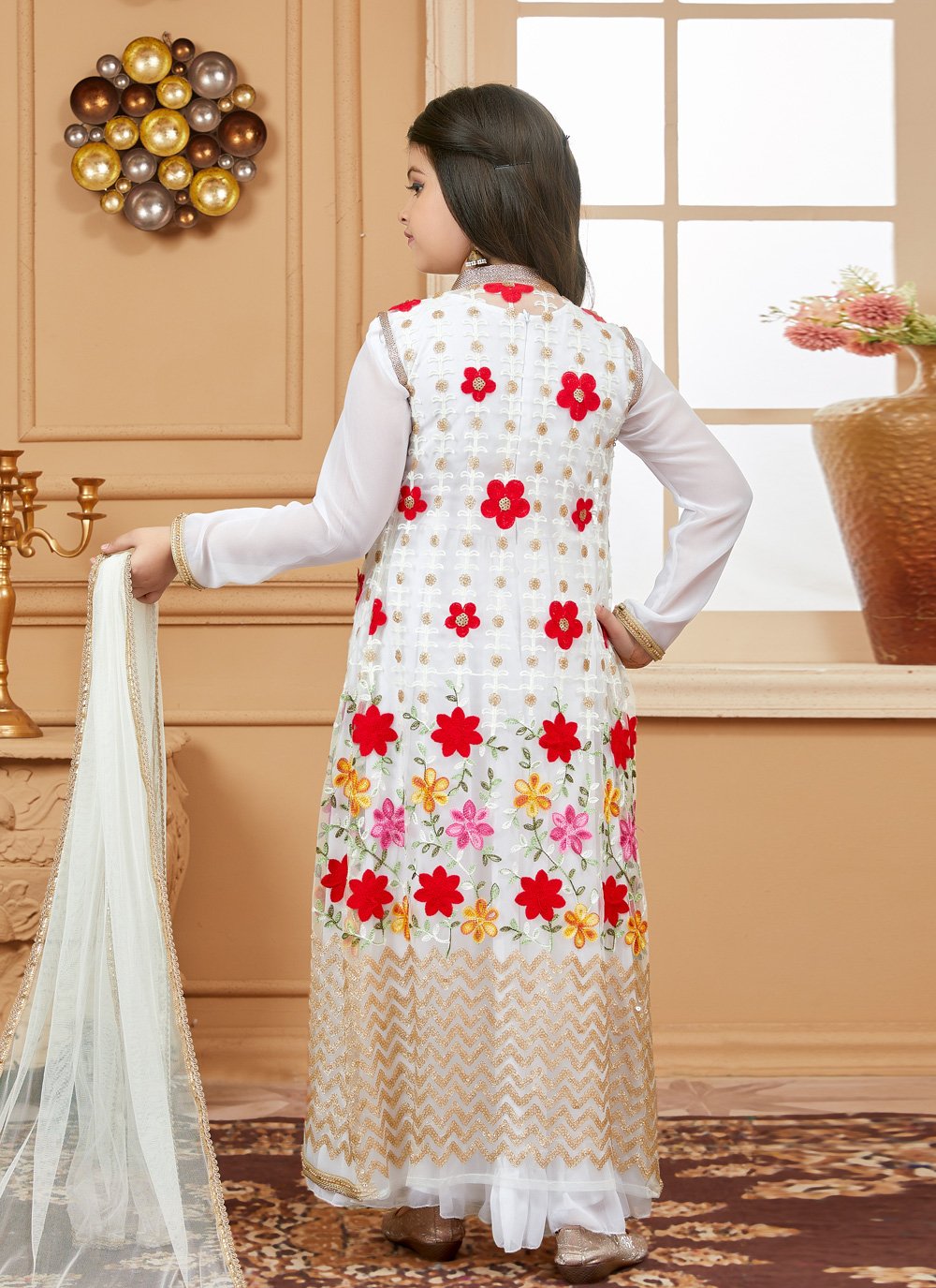 Salwar Suit Net Off White Embroidered Kids