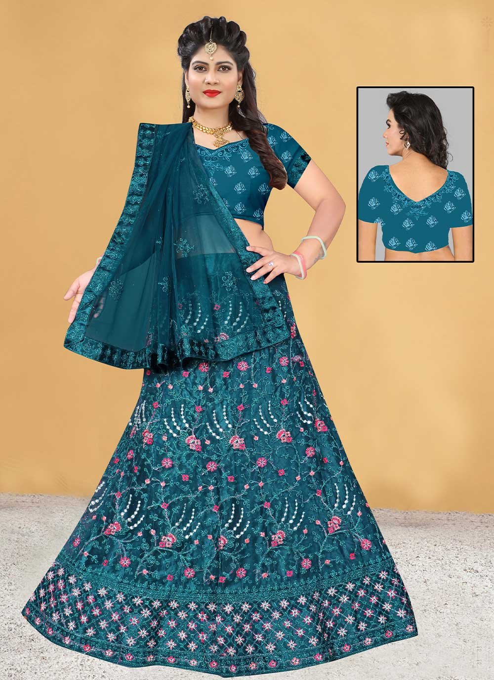 Lehenga Choli Net Morpeach Embroidered Lehenga Choli