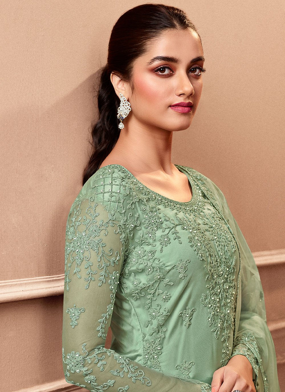 Straight Salwar Suit Net Sea Green Embroidered Salwar Kameez