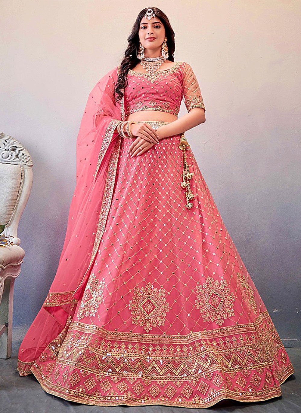 A Line Lehenga Net Orange Embroidered Lehenga Choli