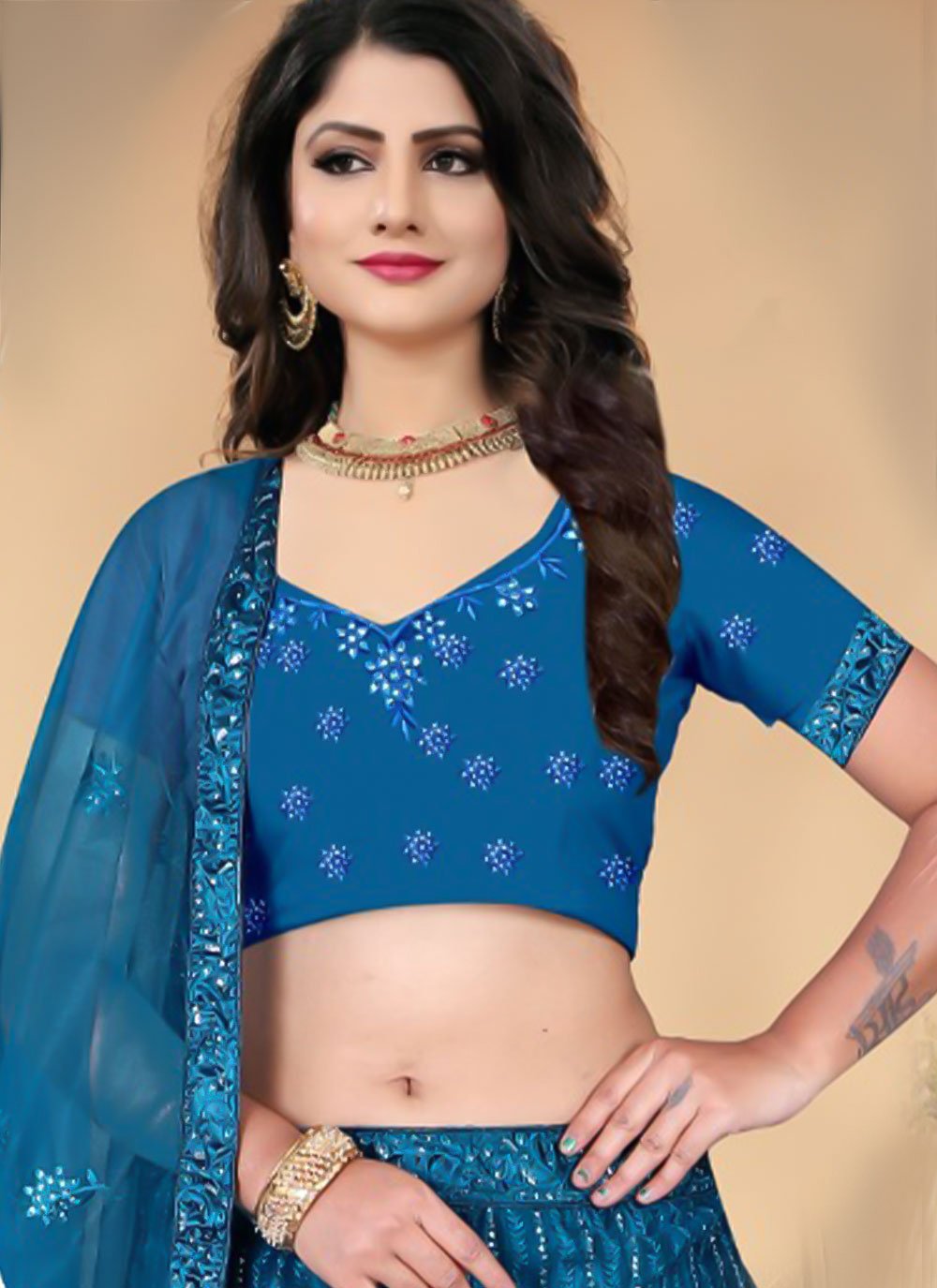 Lehenga Choli Net Teal Sequins Lehenga Choli