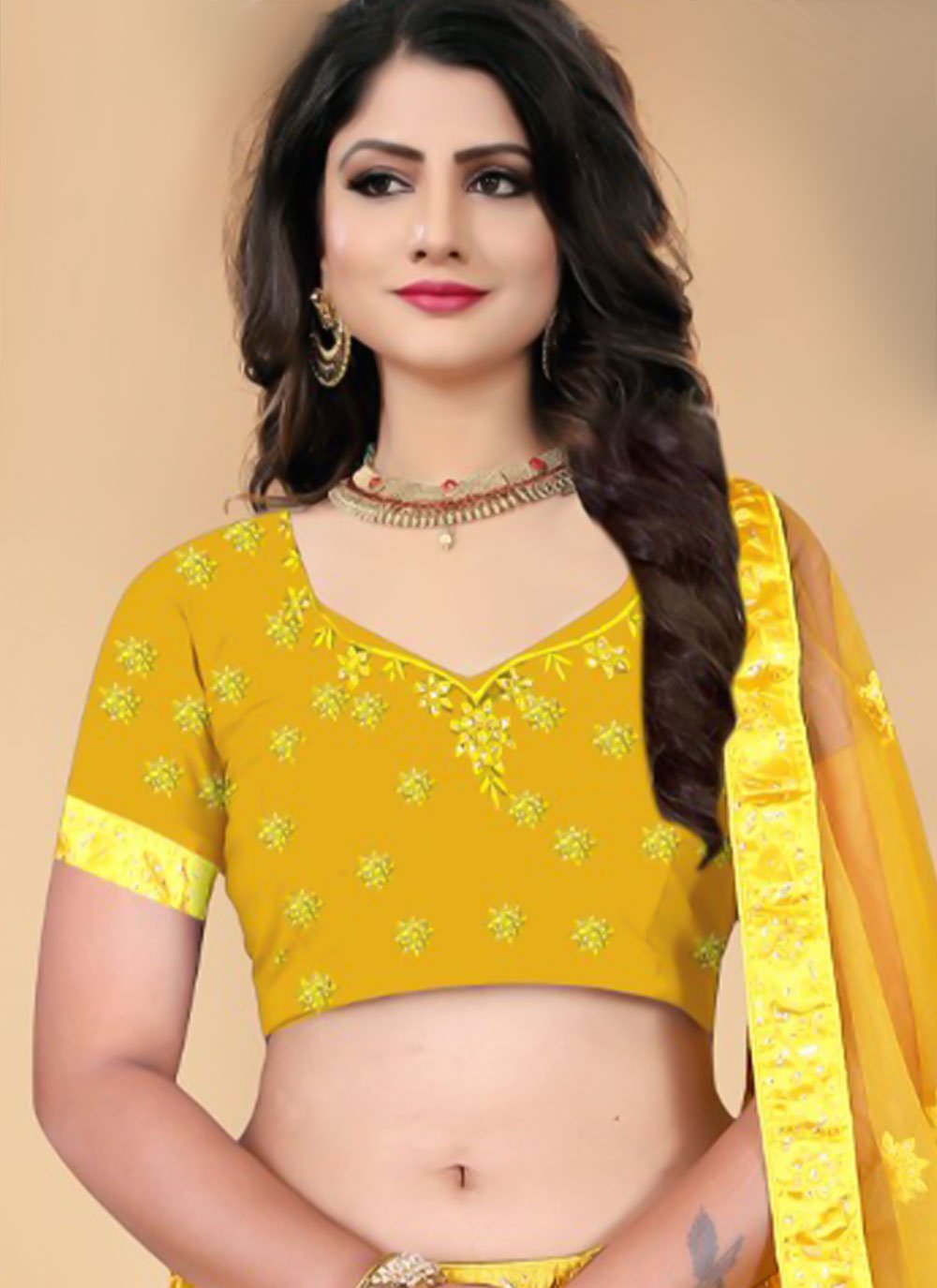 Lehenga Choli Net Yellow Sequins Lehenga Choli
