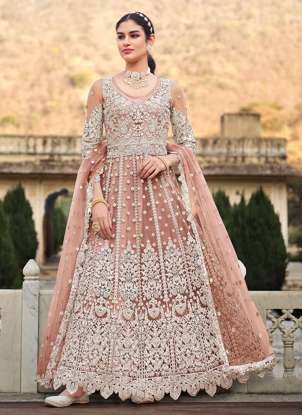 Anarkali Suit Net Peach Embroidered Salwar Kameez