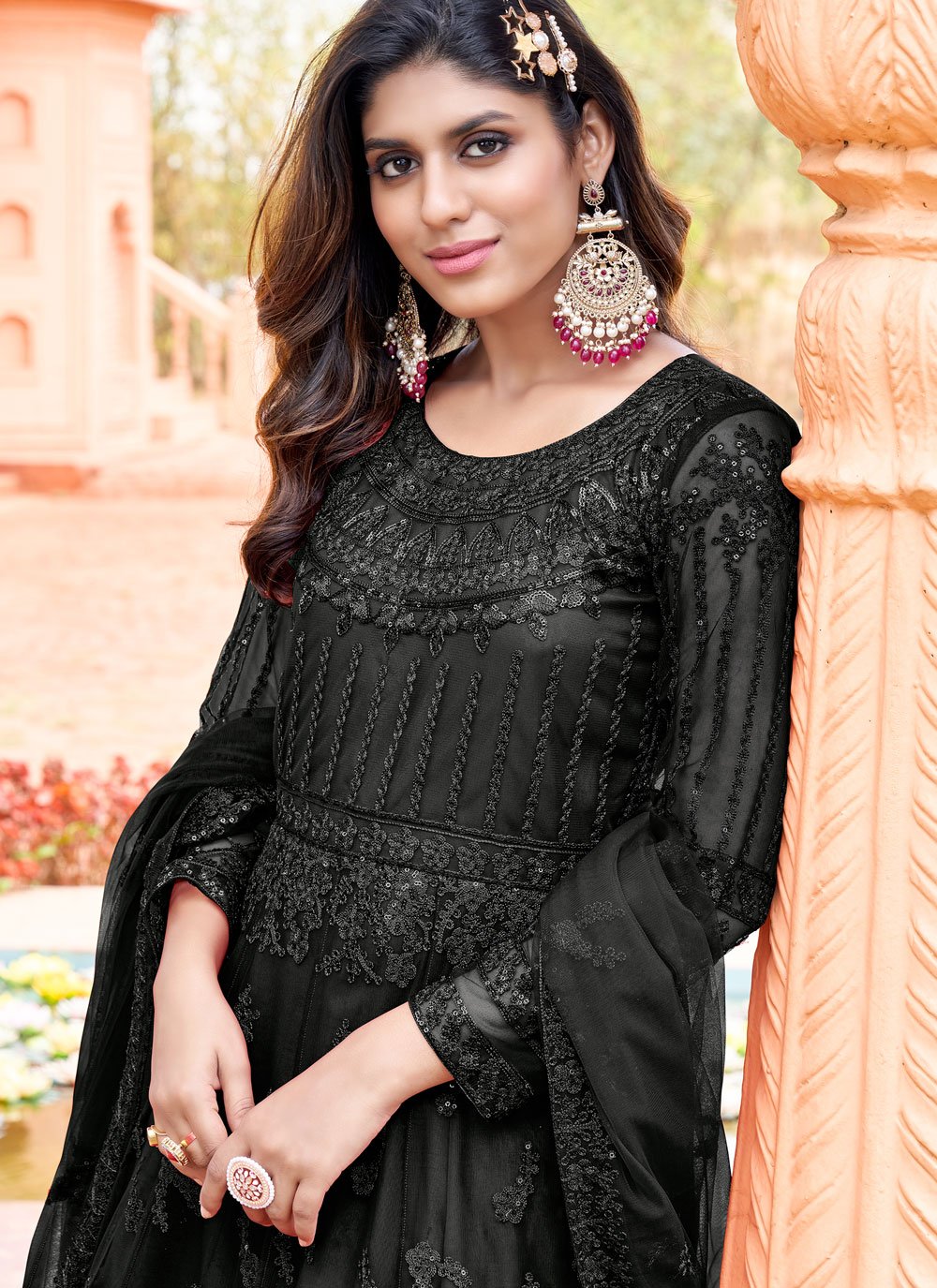 Trendy Suit Net Black Embroidered Salwar Kameez