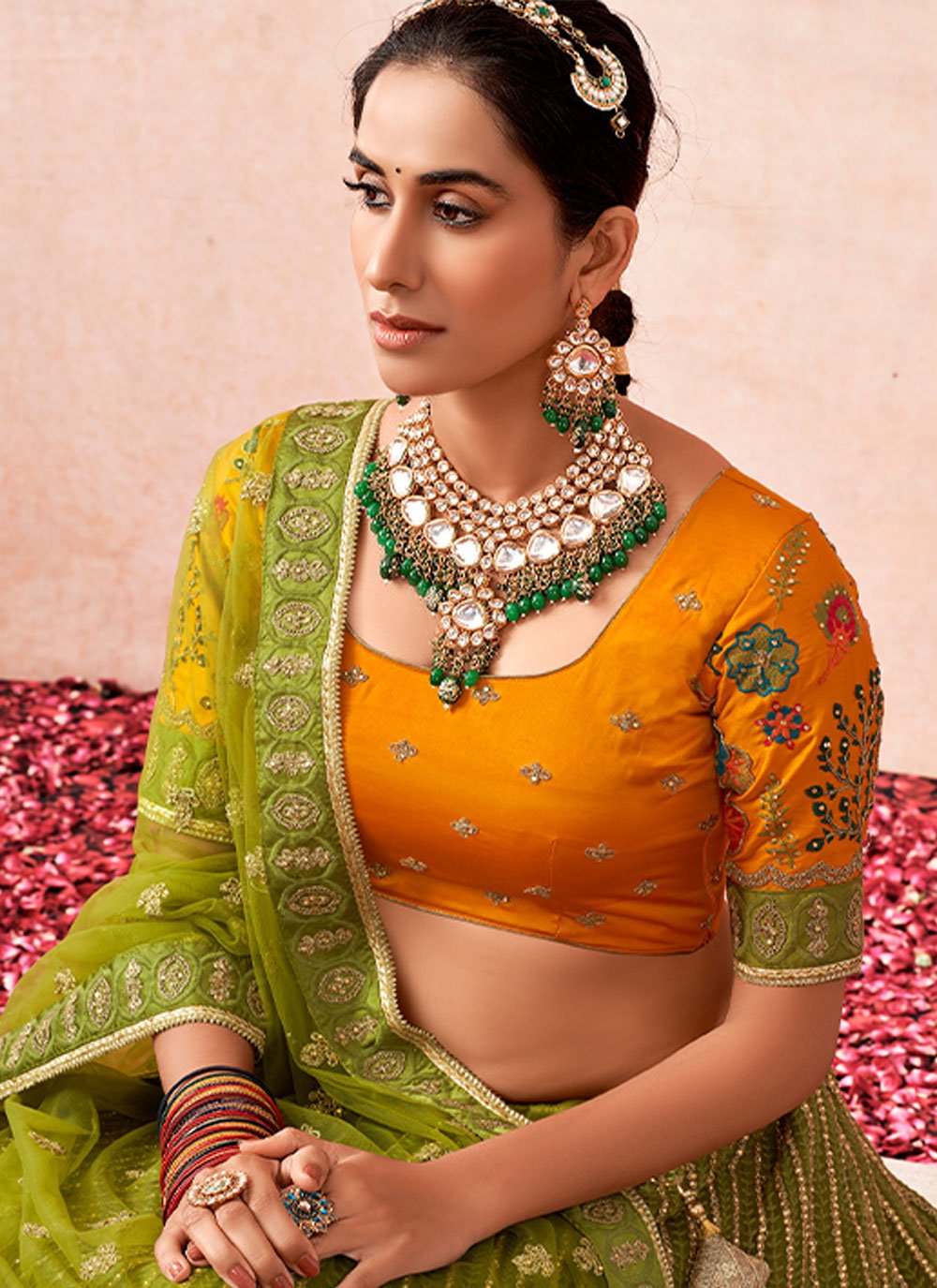 A Line Lehenga Net Green Embroidered Lehenga Choli