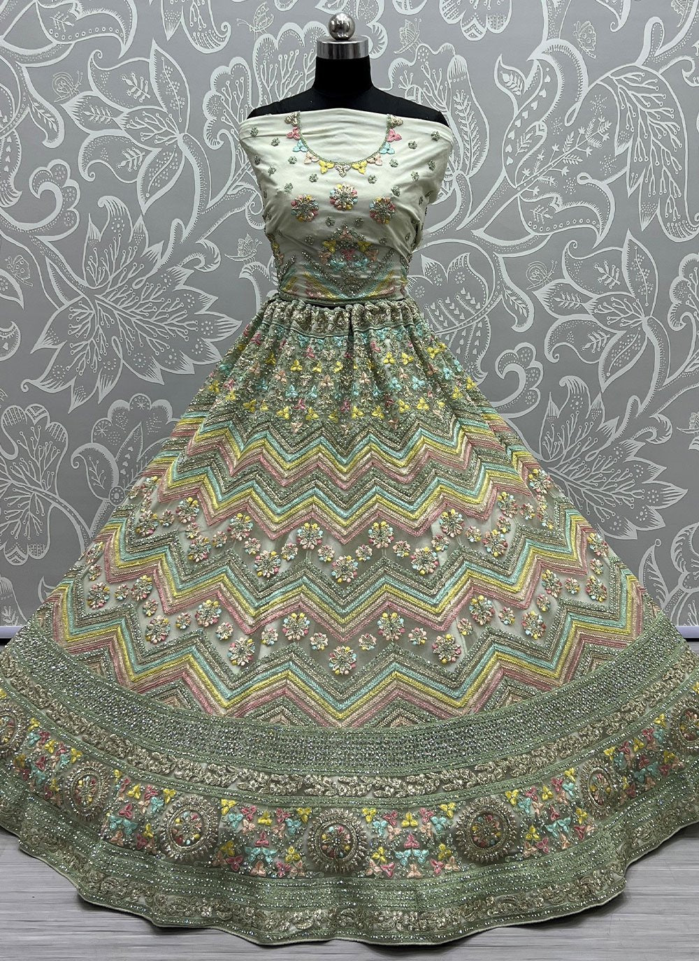 Lehenga Choli Net Green Embroidered Lehenga Choli