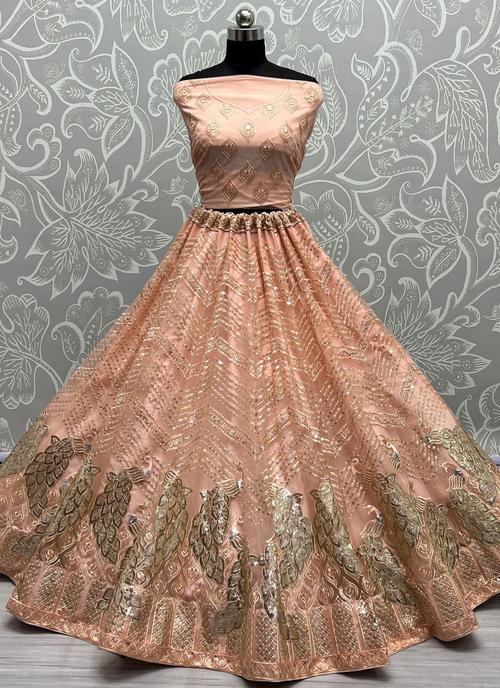 Lehenga Choli Net Peach Embroidered Lehenga Choli