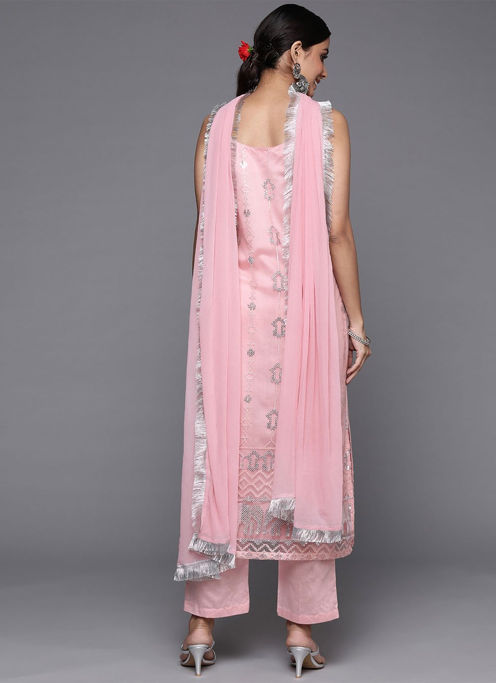 Straight Salwar Suit Net Pink Embroidered Salwar Kameez
