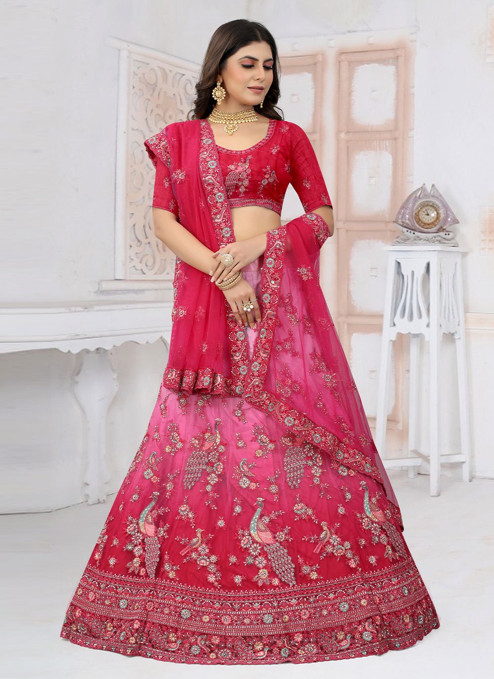 Lehenga Choli Net Rani Embroidered Lehenga Choli