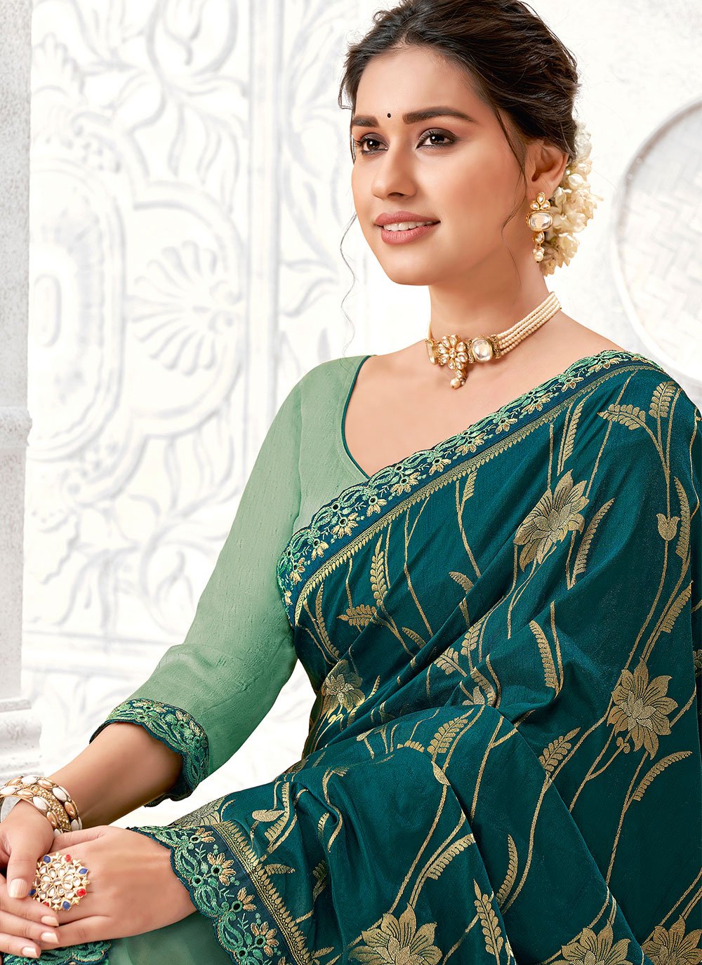 Contemporary Nylon Teal Digital Print Saree