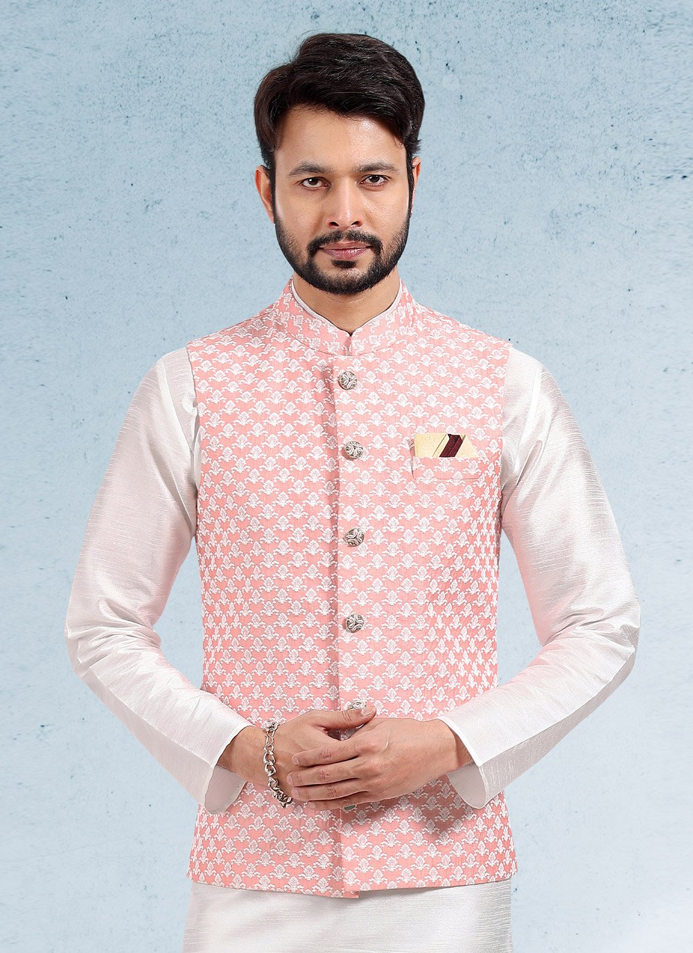 Kurta Payjama With Jacket Art Banarasi Silk Off White Peach Thread Mens