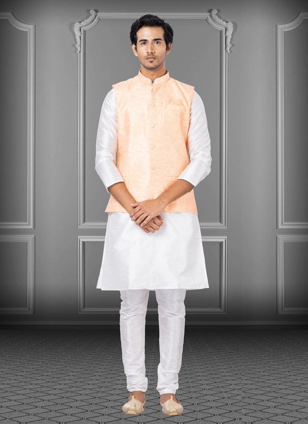 Kurta Payjama With Jacket Dupion Silk Linen Off White Peach Fancy Work Mens