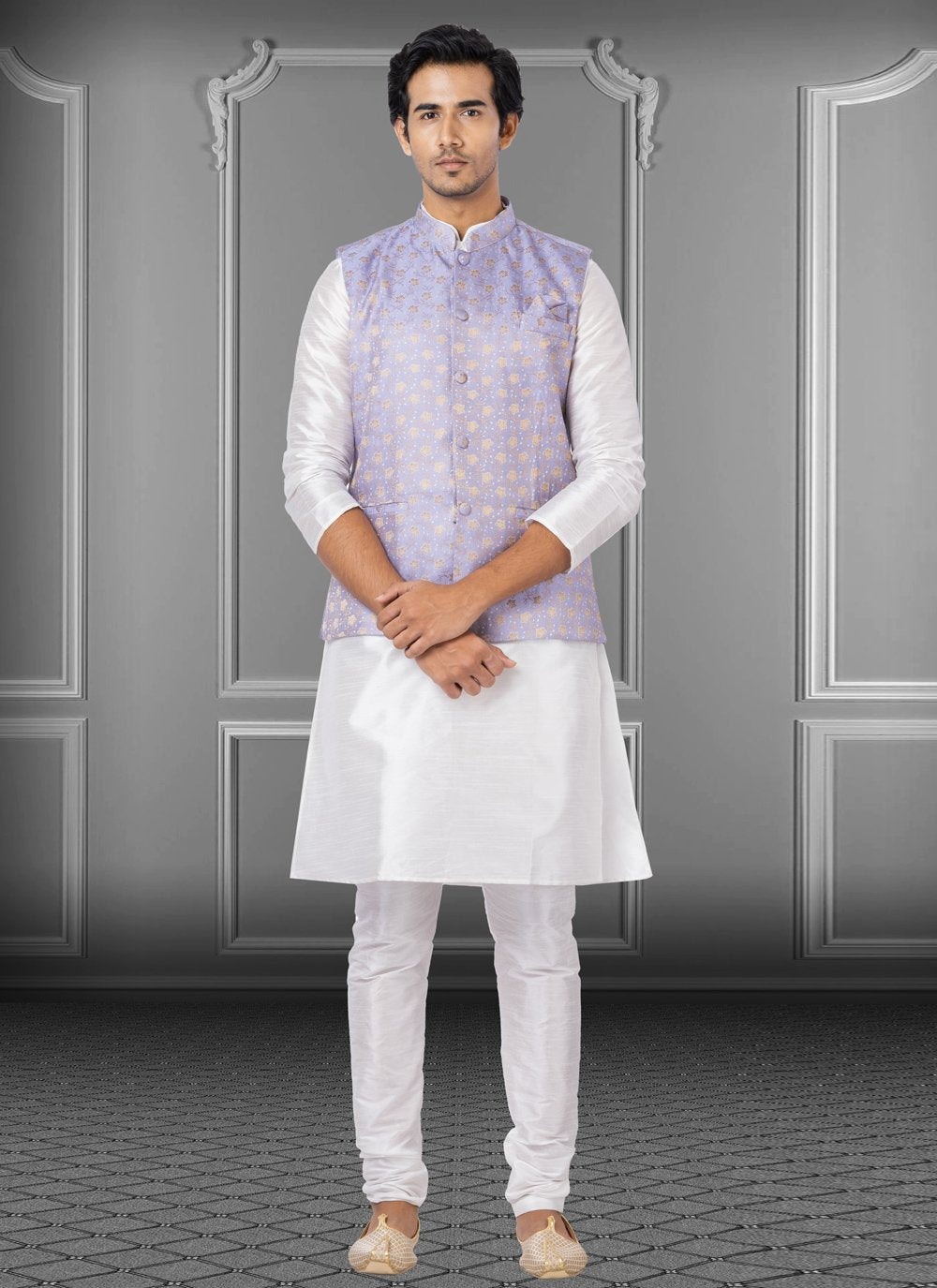 Kurta Payjama With Jacket Dupion Silk Linen Off White Purple Fancy Work Mens