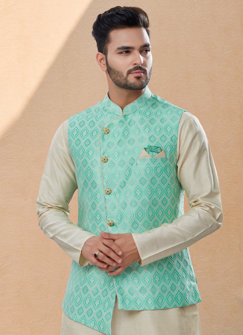 Kurta Payjama With Jacket Banarasi Silk Dupion Silk Off White Rama Jacquard Work Mens