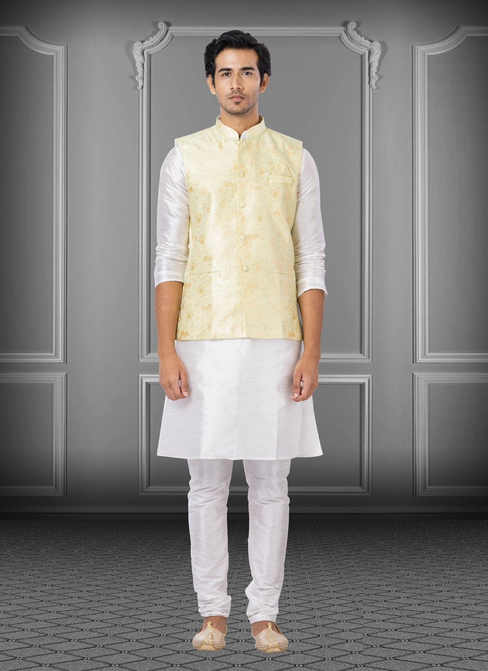 Kurta Payjama With Jacket Dupion Silk Linen Off White Yellow Fancy Work Mens