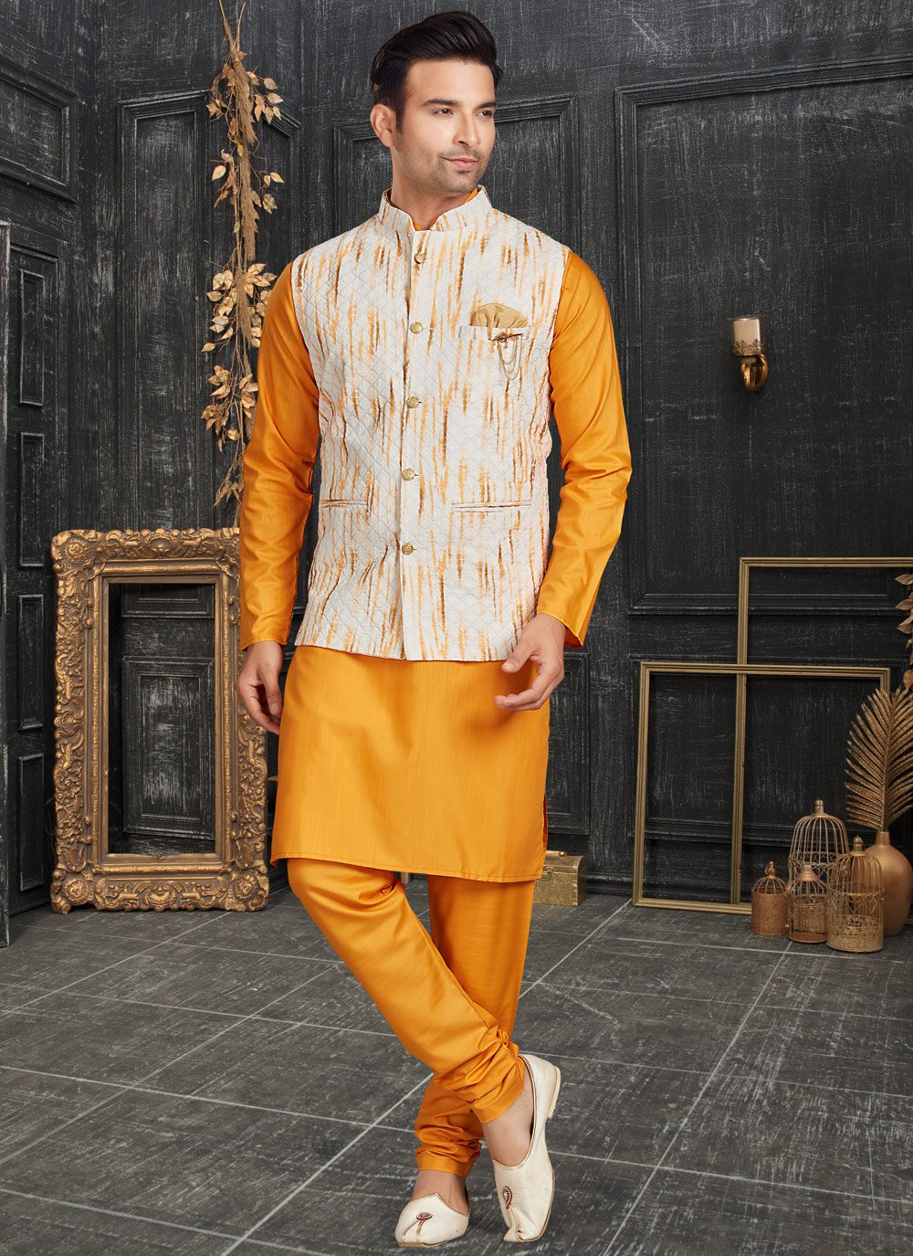 Kurta Payjama With Jacket Cotton Off White Yellow Chicken Mens