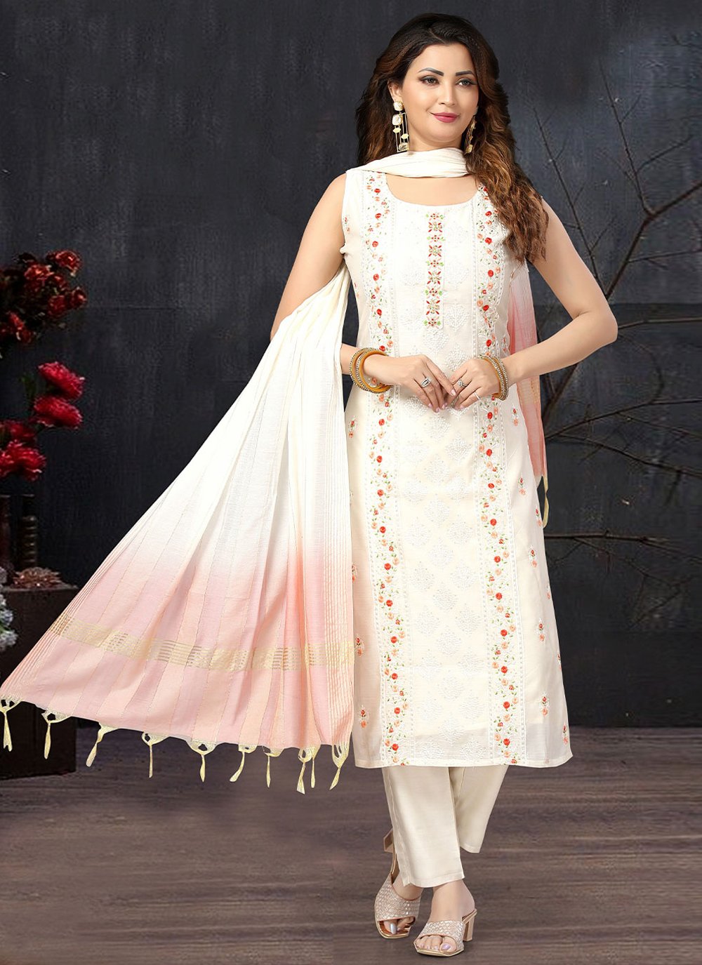 Straight Salwar Suit Art Silk Off White Embroidered Salwar Kameez