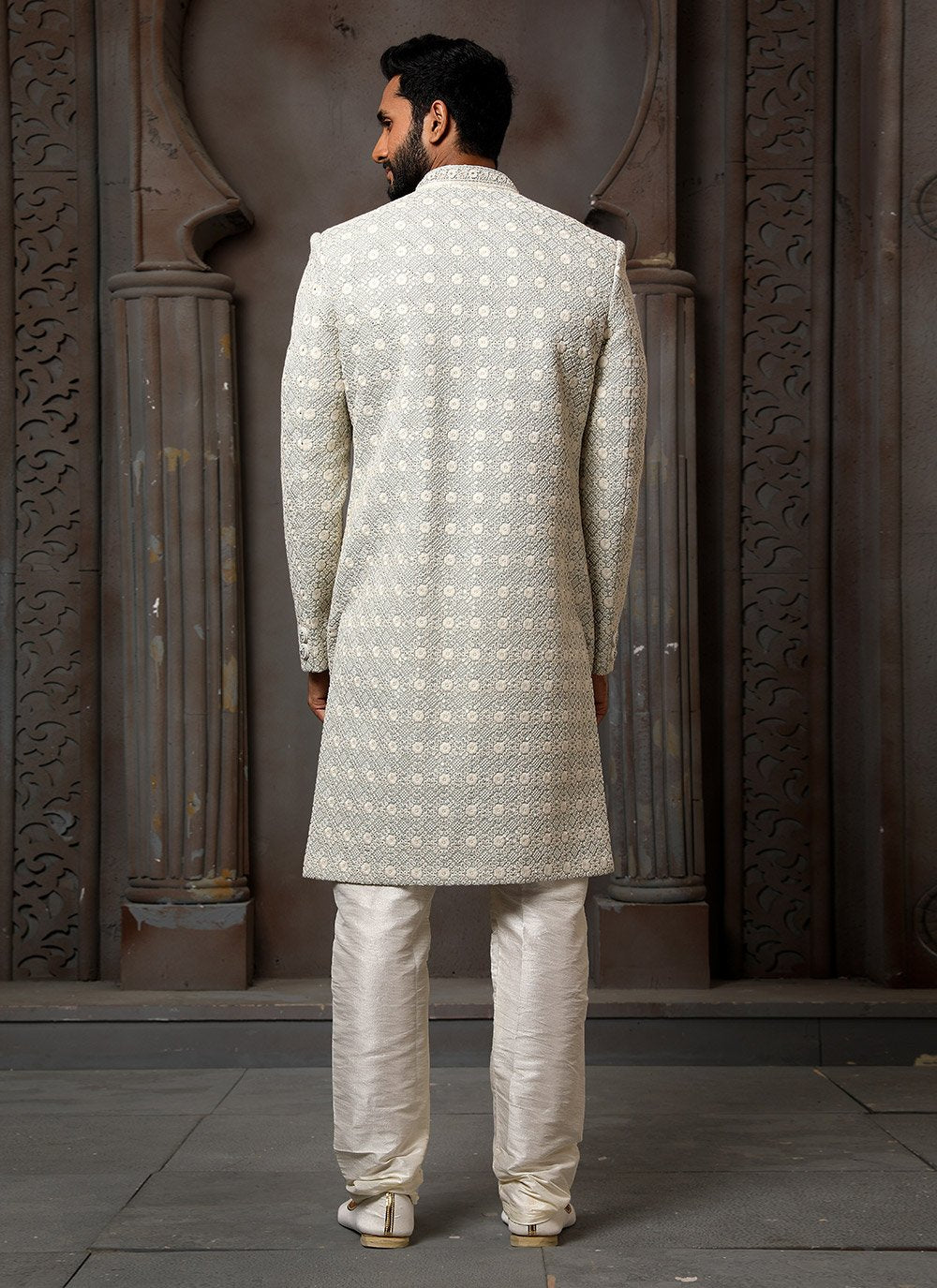 Sherwani Art Silk Off White Machine Embroidery Mens