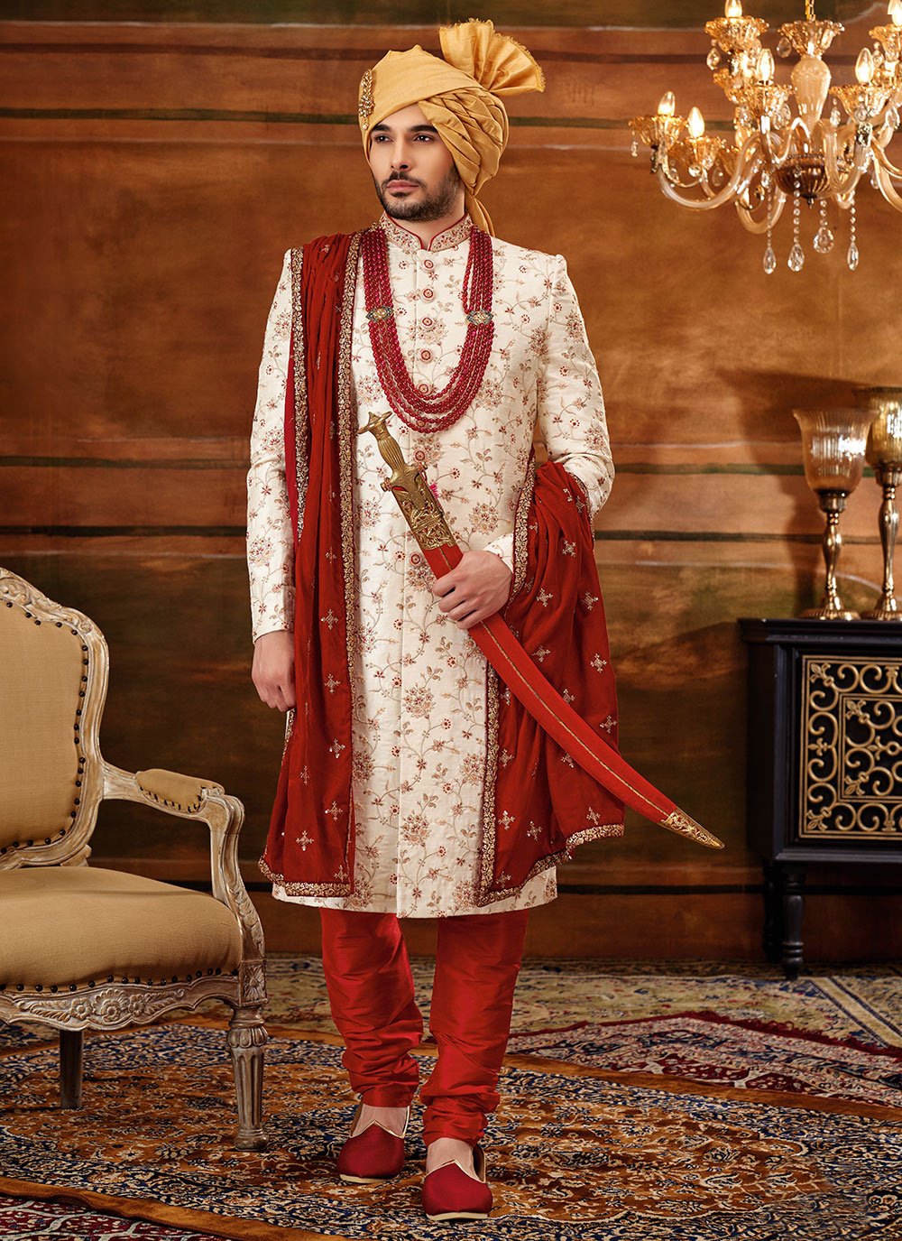Sherwani Art Silk Off White Hand Work Mens