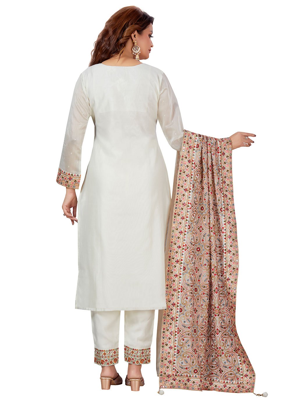 Straight Salwar Suit Chanderi Off White Embroidered Salwar Kameez