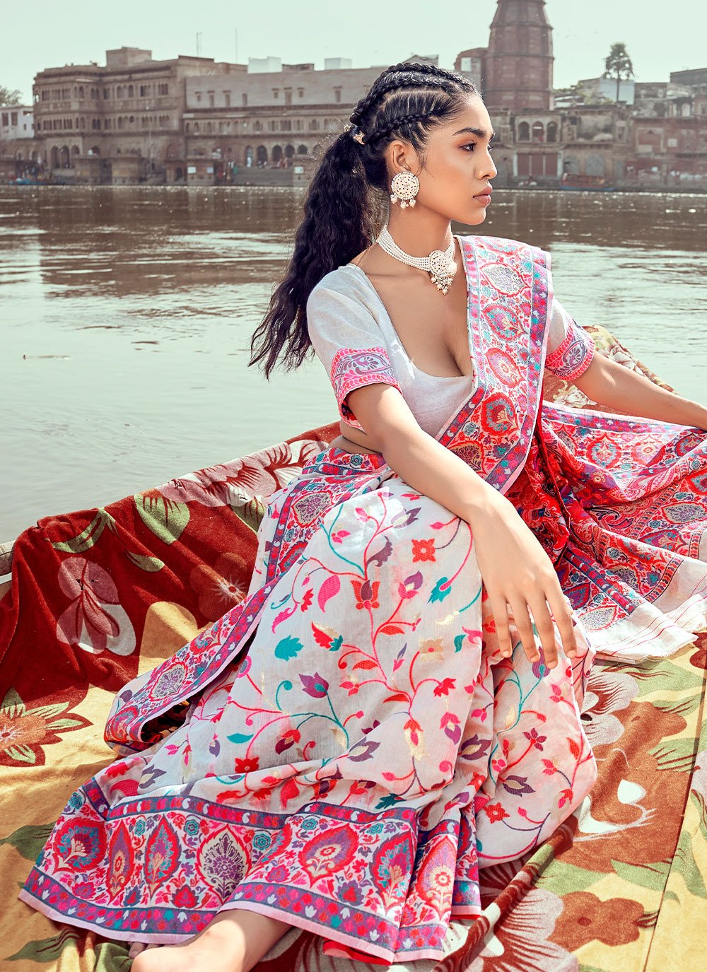 Contemporary Pashmina Off White Kashmiri Saree