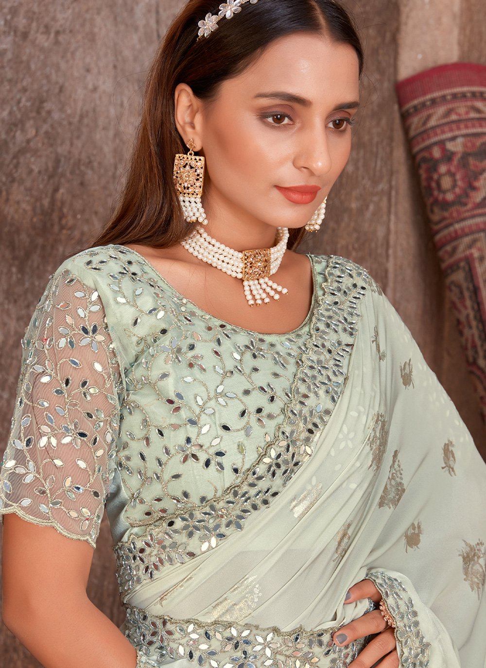 Contemporary Foil Silk Off White Cord Work Saree