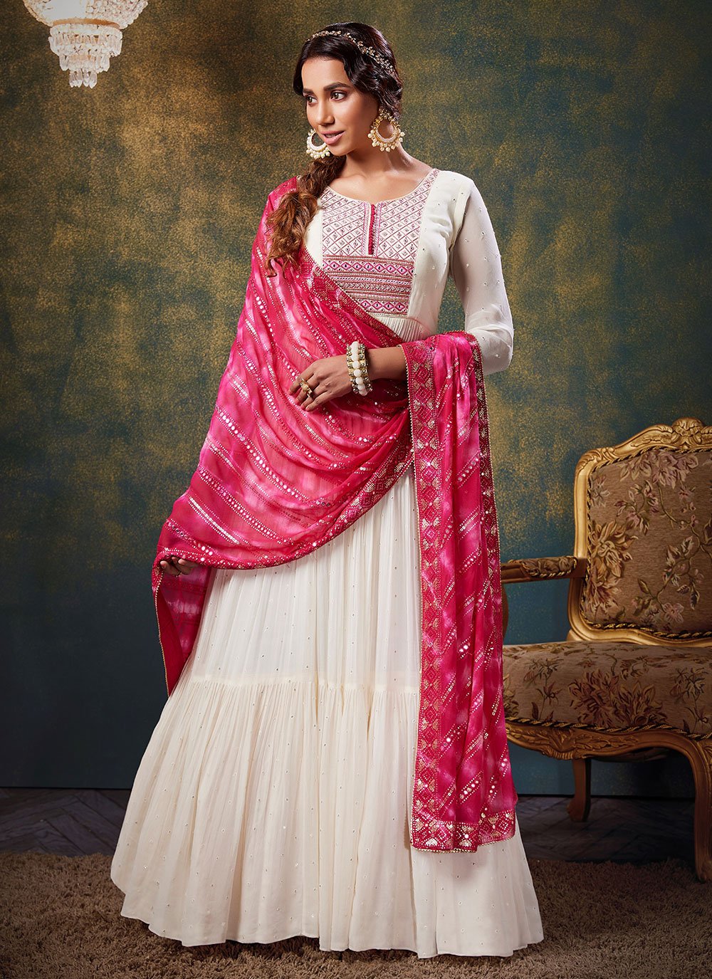 Designer Gown Georgette Off White Embroidered Gown